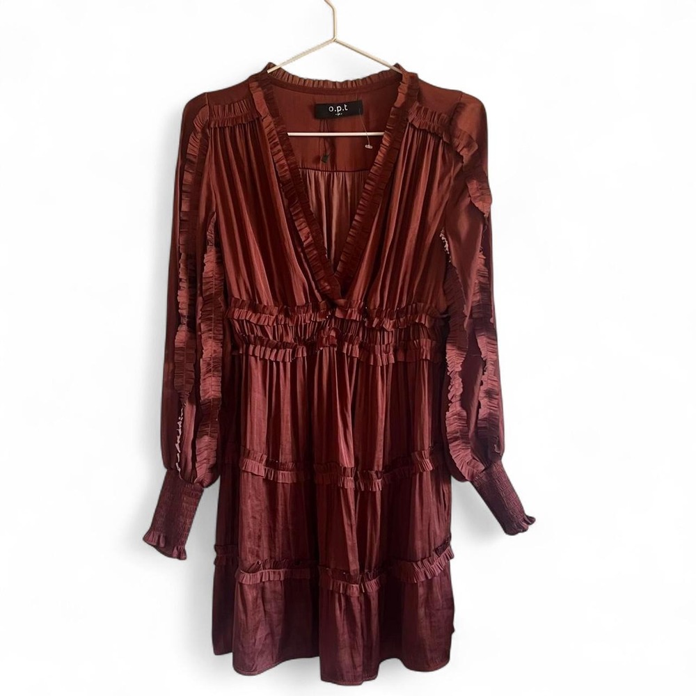 O.p.t long sleeve plisse ruffle dress in burgundy. Size medium.